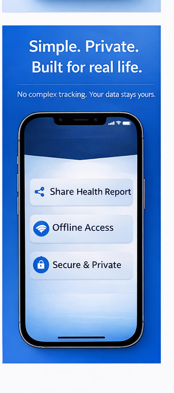 Simple, Private, Built for real life — Share Health Report, Offline Access, Secure and Private